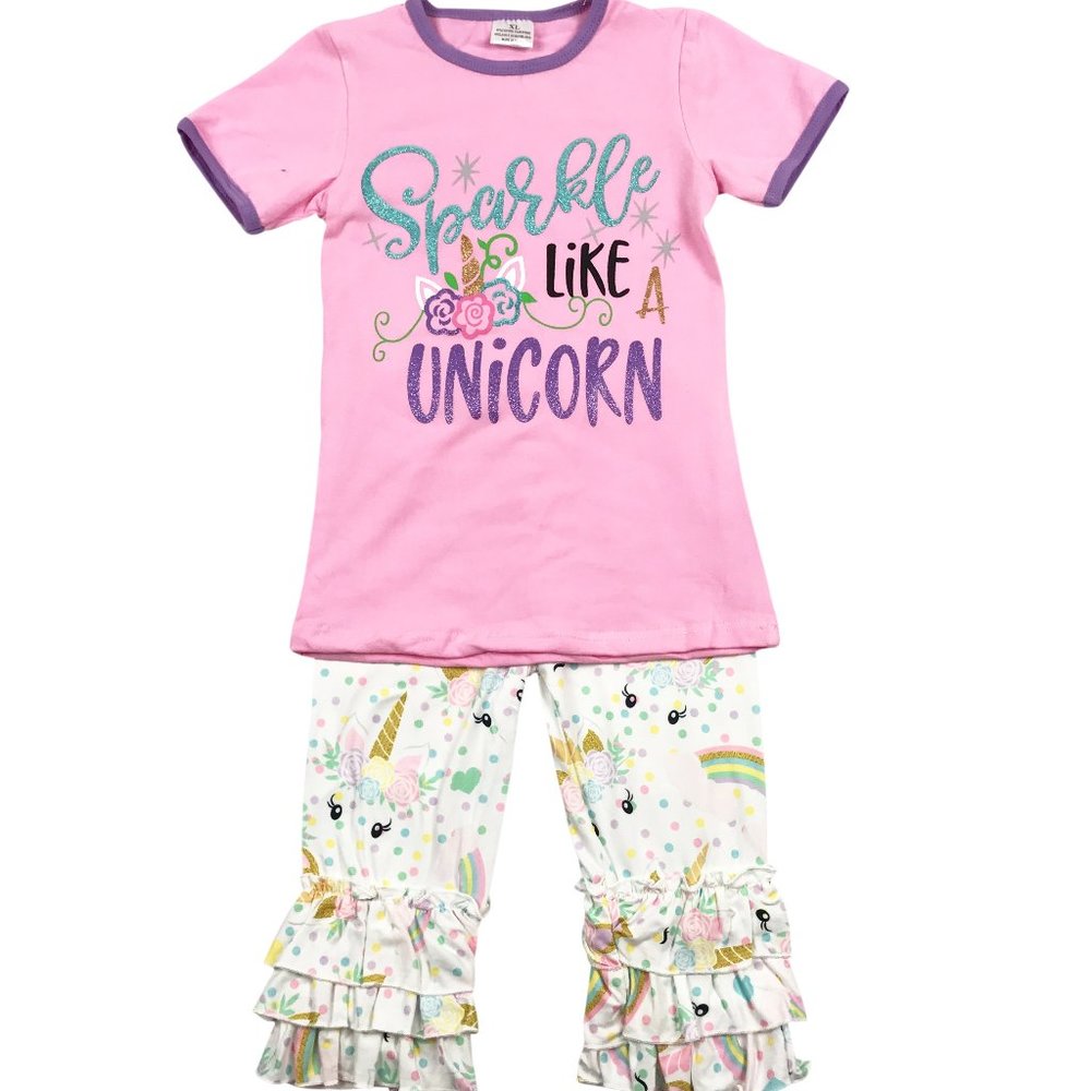 Little Girl Unicorn T-Shirt Top Tee Capris Ruffle Pants Outfit Clothing 2 PC Set